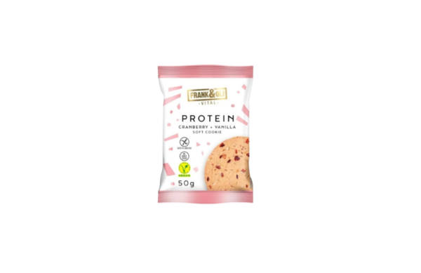 zdrowe przekaski ciastko Weganskie Bezglutenowe Protein-Cookie-Cranberry Vanilla Bez dodatku cukrow 50g FrankOli